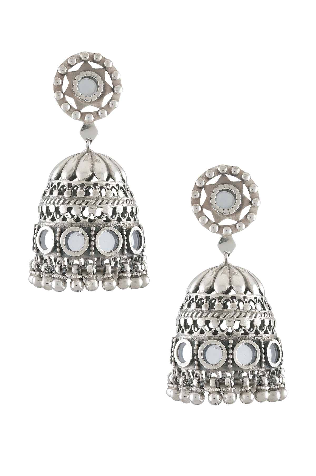 Silver Mirror Ghungroo Jhumka Earrings
