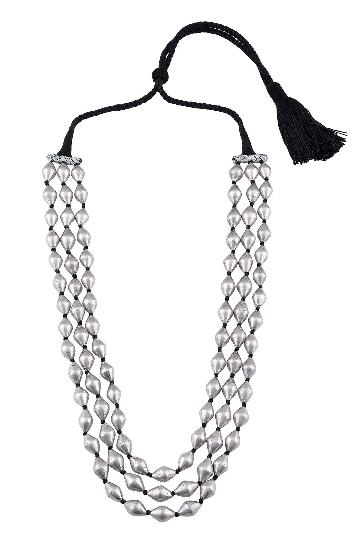 Silver Three Layer Dholki Bead Necklace