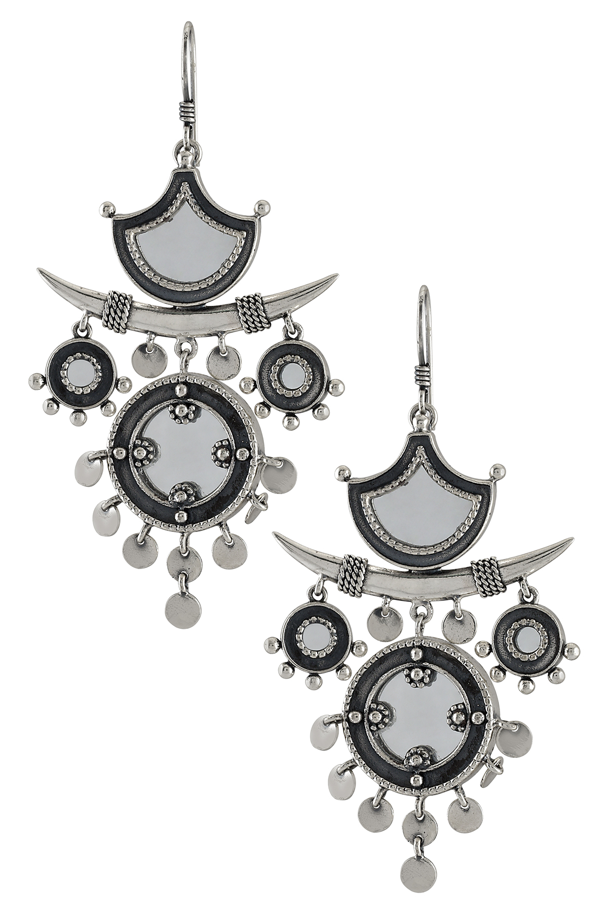 Silver Oxidised Mirror Textured Round Spike Earrings