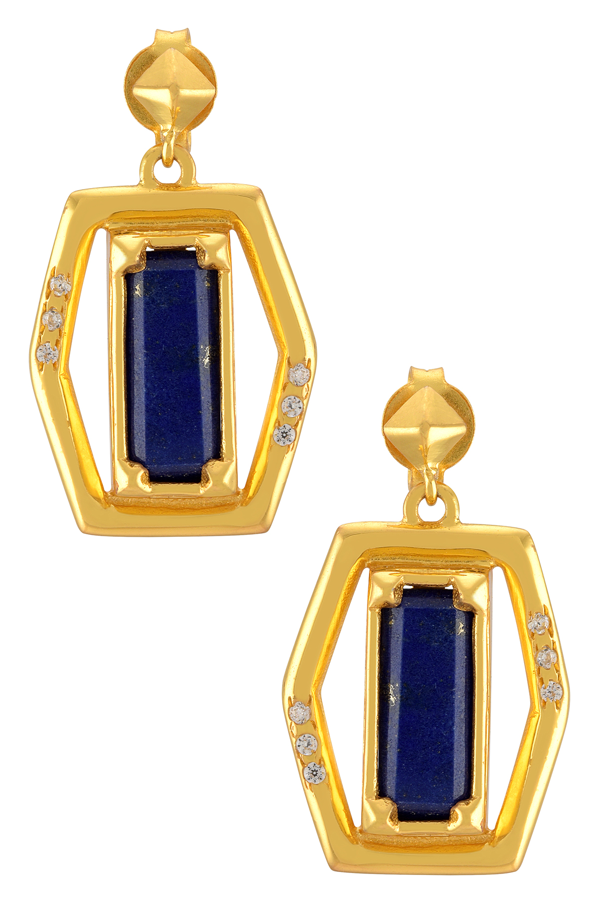 Gold Plated Polygon Lapis Dangle Earrings