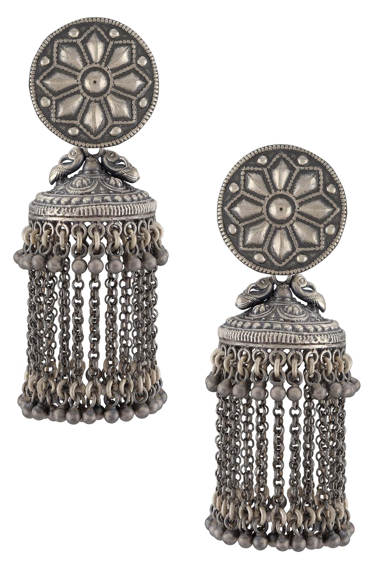 Silver Oxidised Floral Chain Tassel Jhumka Earrings