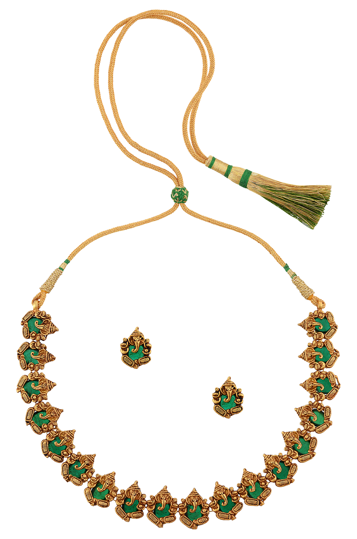 Silver Gold Plated Green Glass Ganpati Necklace Earrings Set