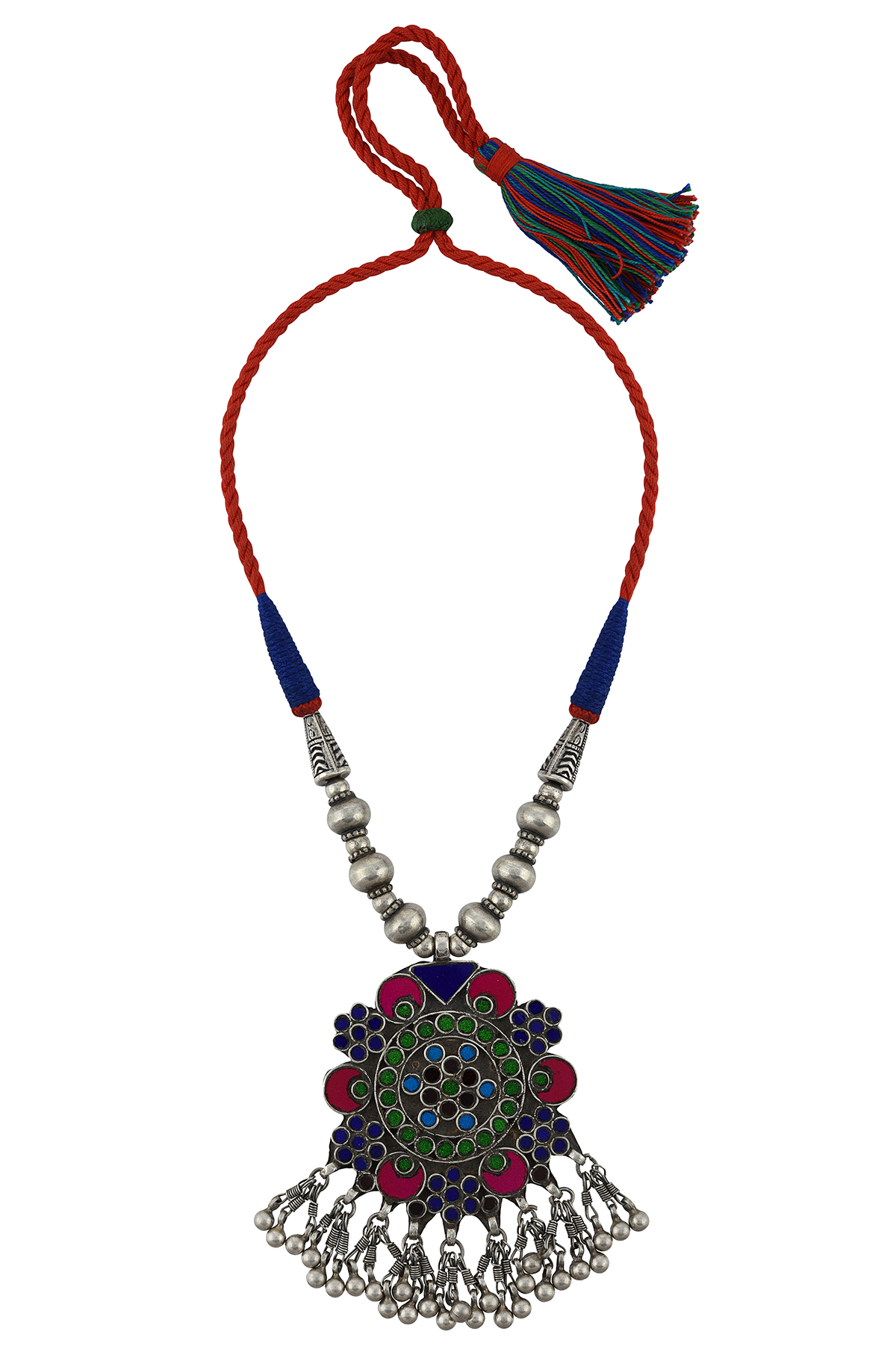 Silver Qabilah Multimotif Glass Studded Tribal NecklacebyTribe Amrapali