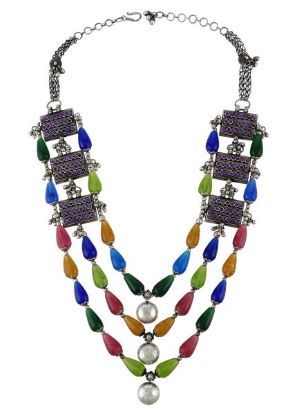 Silver Rewa Colorful Triple Layer Tribal Necklace